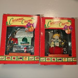 Christmas Charms Bird House/ Sewing Girl Vintage Tree Charm Ornament. Pre Owned